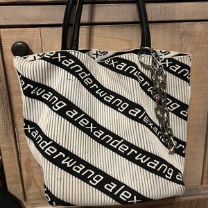 Alexander Wang Roxy Knit Jacquard Logo Soft Striped Canvas Large Tote Bag